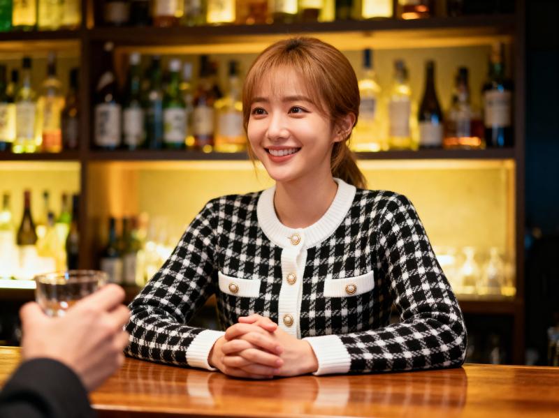 酒瓶の棚を背景にした薄暗いバーで、金ボタンの付いた白黒チェックのカーディガンを着て、...。