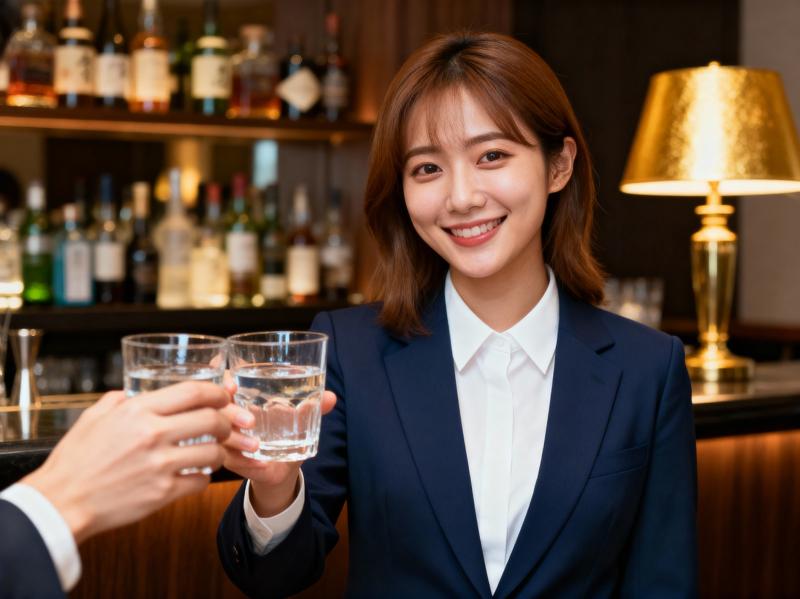バーカウンターの前で水の入ったグラスを 2 杯持つウェイトレスを正面カメラのアングル...。