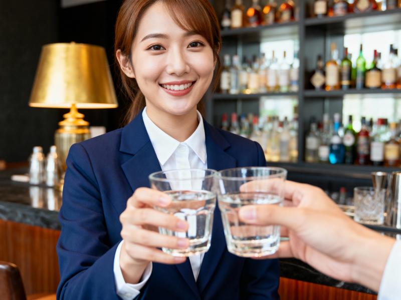 バーの店内で、水を 2 杯持った笑顔のウェイトレスを正面カメラのアングルから写実的に...。