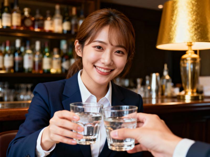 バーに座って、目の前に2杯の水を持ちながらカメラに向かって微笑むアジア系の若い女性の...。