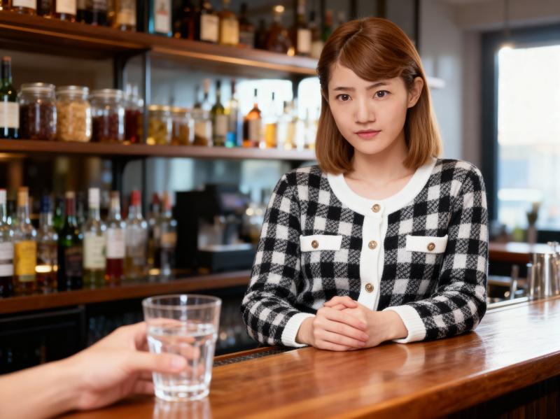 バーに座って水の入ったグラスを前に持つ若い女性を正面から写実的に撮影した写真。