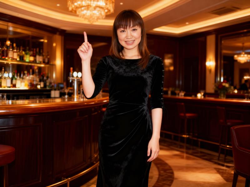 高級バーに立って親指を立てるジェスチャーをする若い女性を正面カメラのアングルから写実...。