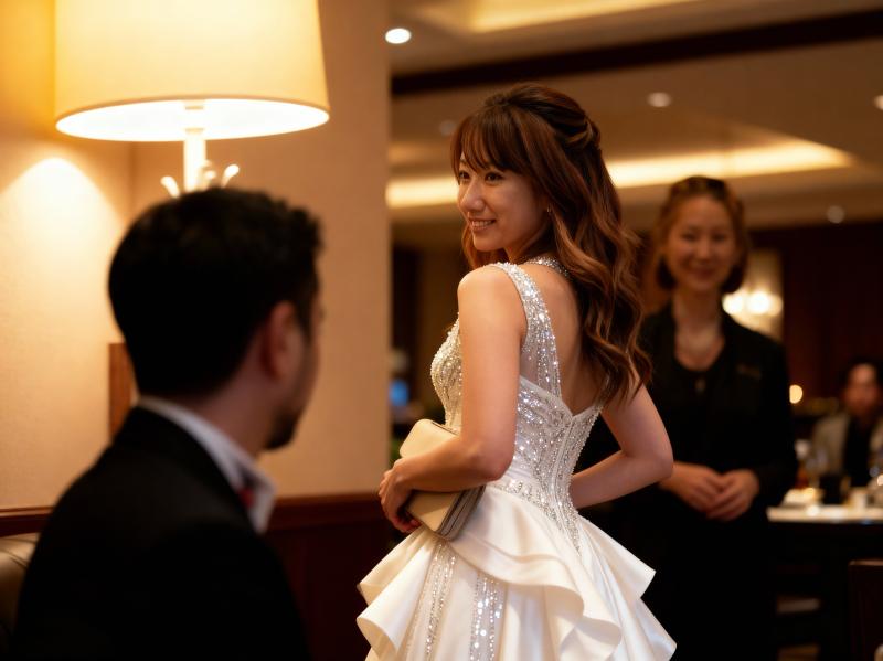 白いウェディングドレスを着た花嫁がホテルのロビーに立ち、肩越しに微笑みを浮かべている。