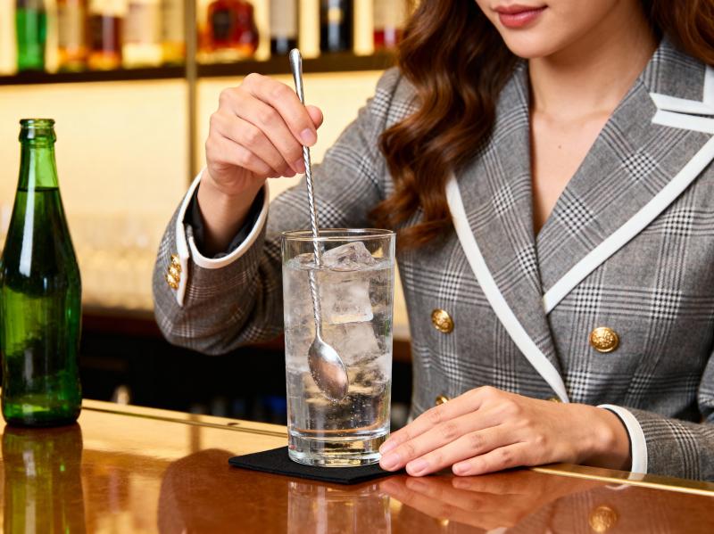 バーに座っている女性は、金のボタンが付いたグレーのチェック柄のブレザーを着て、氷の入...。