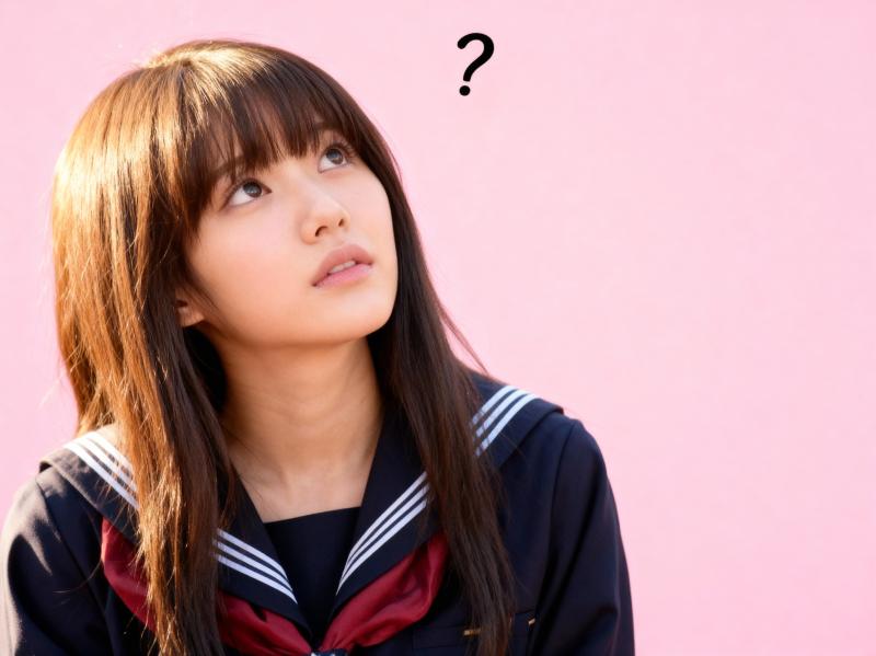 茶色のストレートの長い髪と前髪を持ち、紺色のセーラー服を着て、首に赤いスカーフを巻い...。