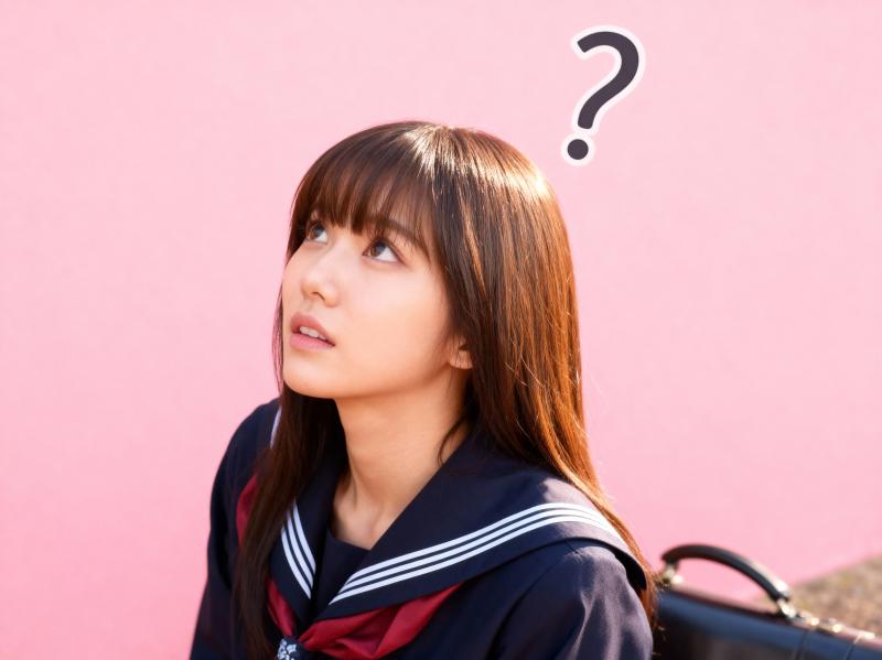 長い茶色の髪と前髪を持ち、紺色のセーラー服を着て首に赤いスカーフを巻いた若い日本人女...。