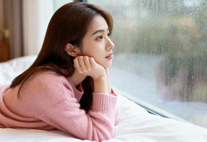 ピンクのセーターを着た長い茶色の髪の若い女性が、曇りガラスの窓の前のベッドに横たわり...。