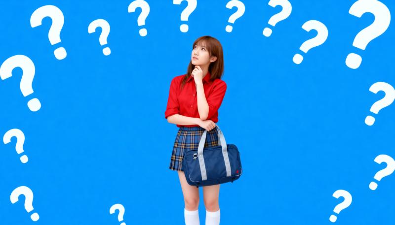 青い背景の真ん中に立つ若い女性。