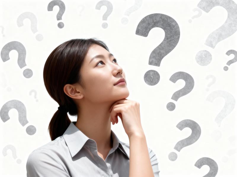 疑問符に囲まれ、思慮深い表情を浮かべたアジア系の若い女性を横顔カメラのアングルから写...。
