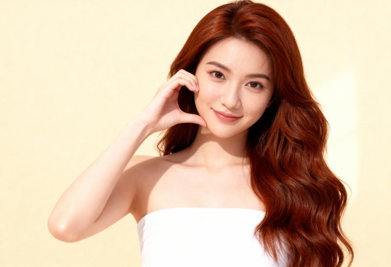 シンプルな明るい黄色の背景に対して、画像の中央に立つ、長くウェーブのかかった赤茶色の...。