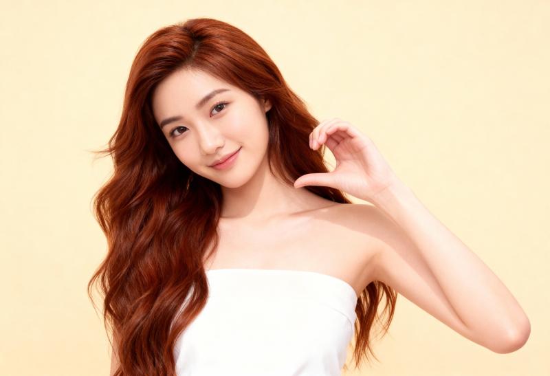 淡い黄色の無地の背景に対して、画像の中央に立つ、長くウェーブのかかった赤茶色の髪を持...。