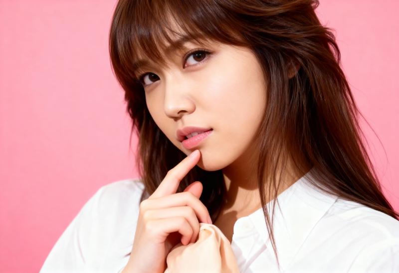 濃い茶色の真っ直ぐな髪と白い肌を持つ若いアジア人女性が、ピンク色の背景にポーズをとる...。