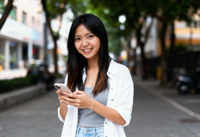 街の通りの真ん中に立ち、スマートフォンを手に持ち、カメラに向かって微笑むアジア系の若い女性。