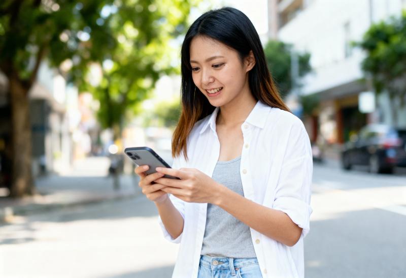 街の通りに立って、笑顔で携帯電話を見ているアジア系の若い女性。