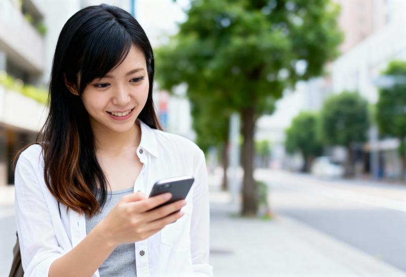 都会のベンチに座り、笑顔で携帯電話を見ているアジア系の若い女性。