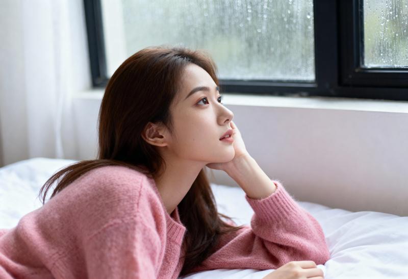 居心地の良い寝室のベッドに横たわる長い茶色の髪の若い女性が、ピンクのニットセーターを...。