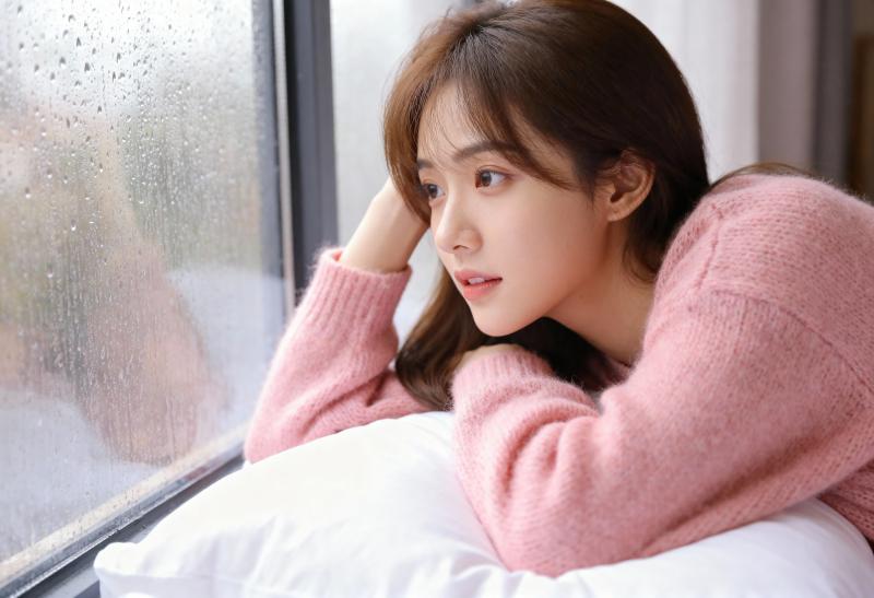 ガラスに雨滴がついた窓辺に座る、ピンクのニット セーターを着た若い女性を横から撮影し...。