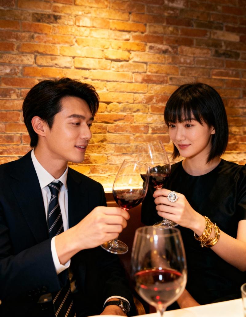 レンガの壁を背景に、薄暗いレストランのテーブルに座る男女のロマンチックなシーン。