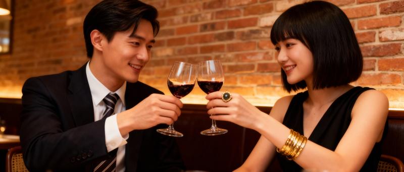 薄暗いレストランのテーブルに座り、赤ワイングラスで乾杯する男女のロマンチックなシーン。