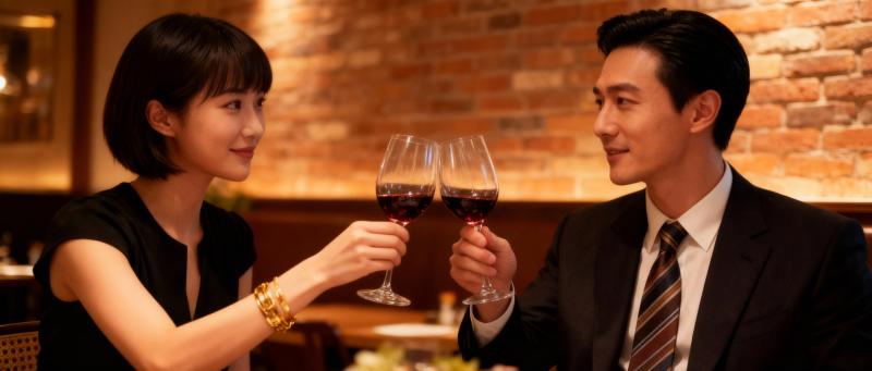 薄暗いレストランのテーブルに座り、ワイングラスで乾杯する男女のロマンチックなシーン。