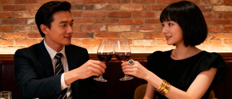 レストランのテーブルに座り、ワイングラスで乾杯する男女を描いたロマンチックなシーン。