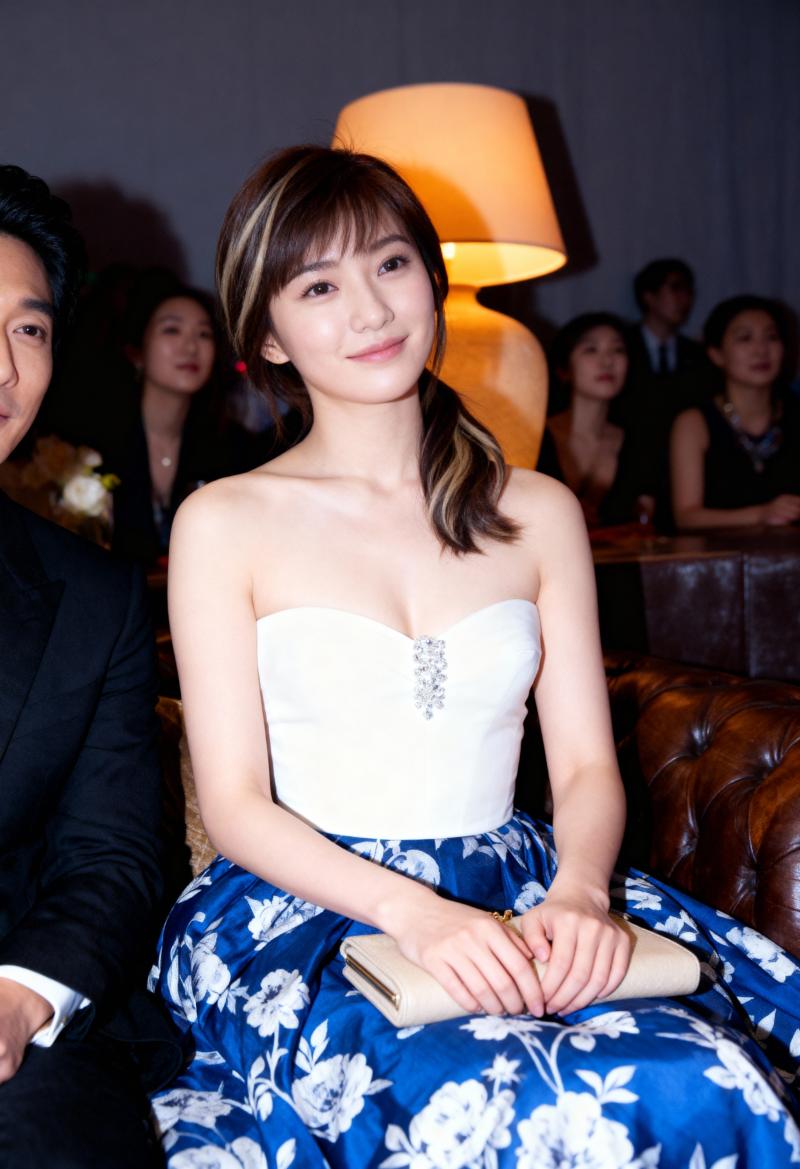 フォーマルなイベント会場で茶色の革張りのソファに座り、白いストラップレスのトップスと...。