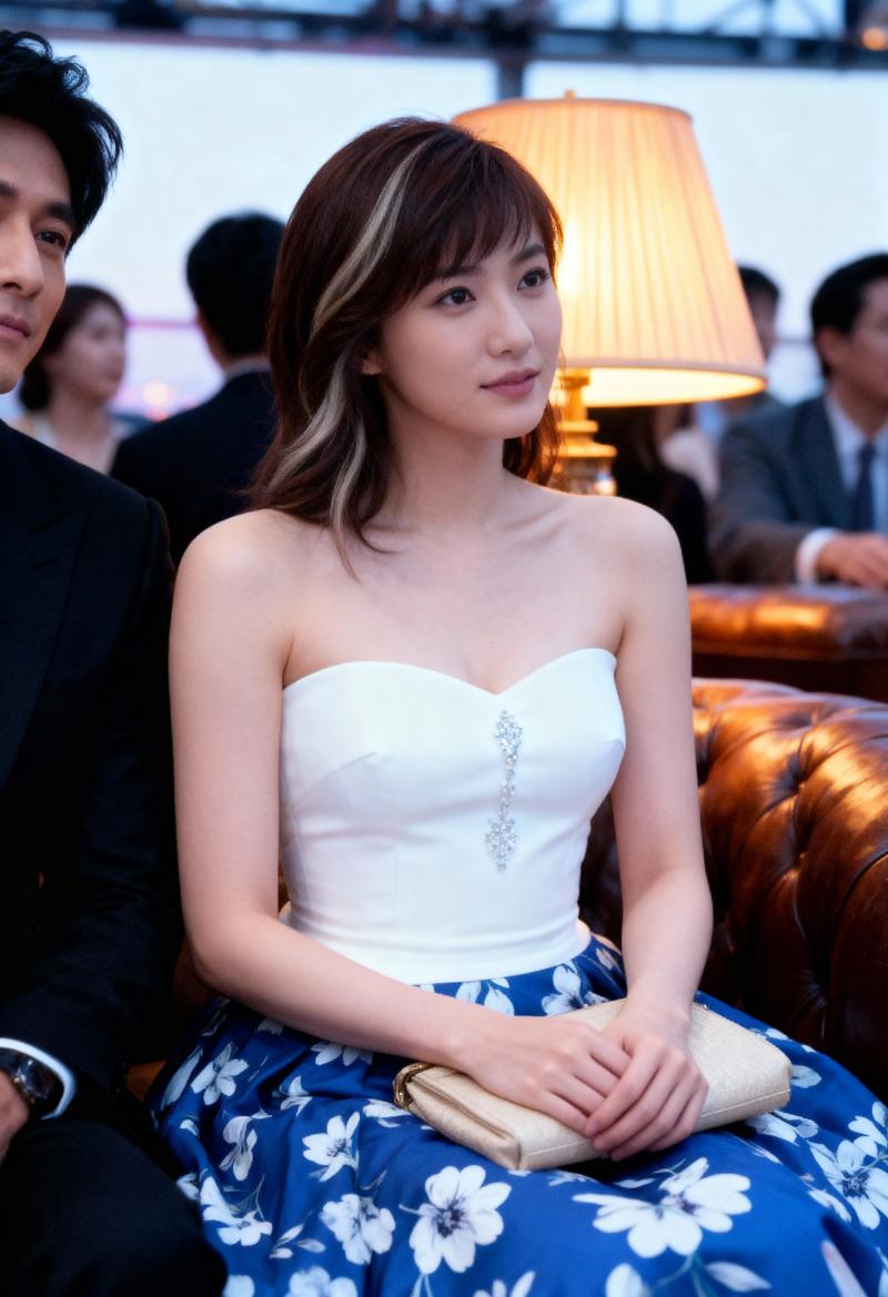 白いストラップレスのトップと青い花柄のスカートを着て、フォーマルな雰囲気の中で茶色の...。