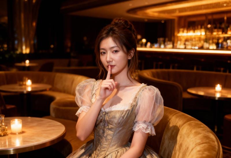 キャンドルが周囲を囲む薄暗いレストランに座っている若い女性をポートレート カメラ ア...。