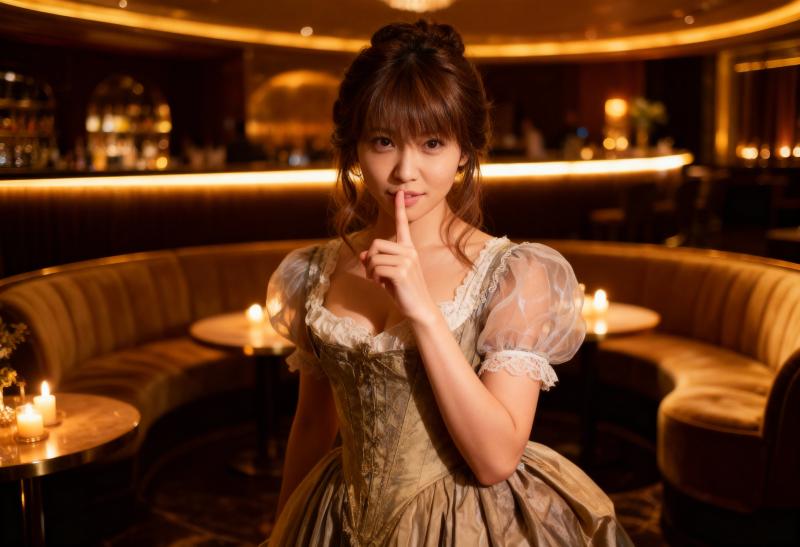 ビクトリア朝風のドレスを着て、唇に指をあて、薄暗いレストランで自信満々にポーズをとる...。