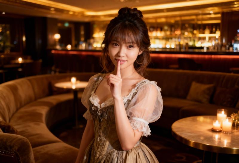 薄暗いレストランの環境で、唇に指をあててポーズをとる若い女性を正面カメラのアングルか...。