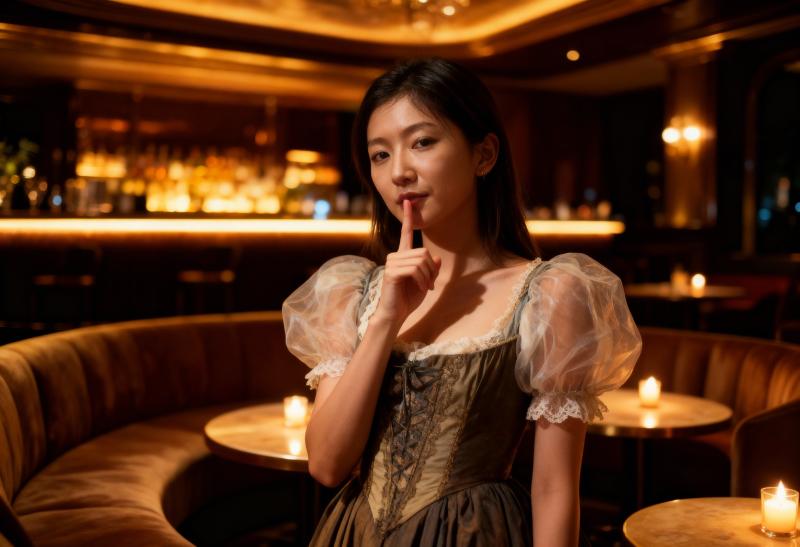 キャンドルを背景にした薄暗いレストランで、茶色のコルセットと茶色のドレスを着た長い黒...。