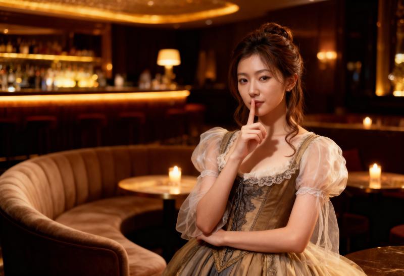 キャンドルを背景に薄暗いバーに座っている若い女性をポートレート カメラ アングルから...。