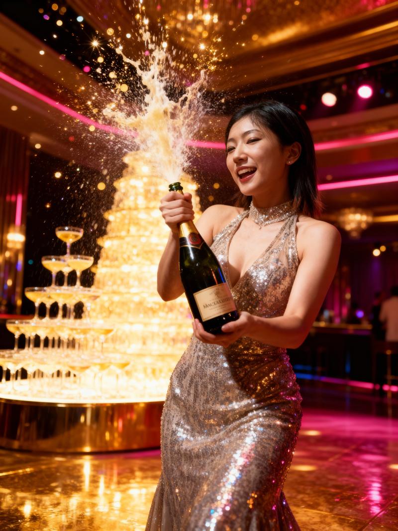 きらめくシルバーのスパンコールのドレスを着た女性がシャンパンのボトルを持ち、お祝いの...。