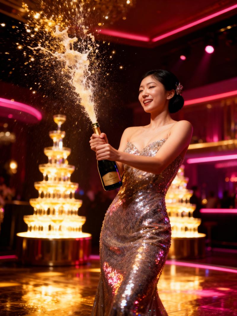 きらめくスパンコールのドレスを着た女性がシャンパン ボトルを持ち、お祝いの雰囲気で祝...。