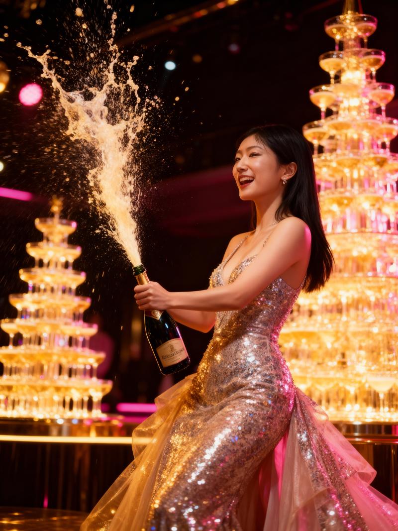 きらめくスパンコールのドレスを着た女性がシャンパンのボトルを持ち、お祝いの雰囲気で祝...。