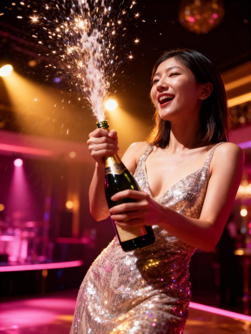 輝くスパンコールのドレスを着た女性がシャンパンのボトルを持ち、空中で輝きながら祝って...。