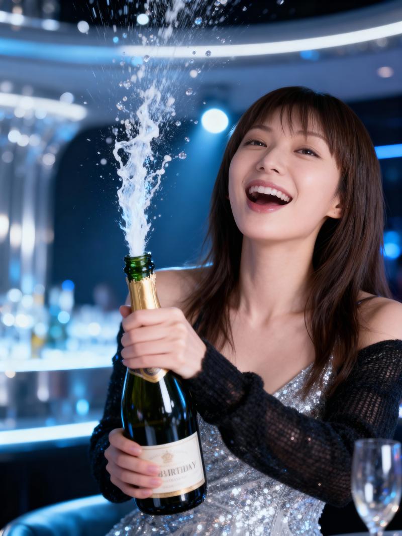 シャンパンのボトルで祝う若い女性を正面カメラのアングルから写実的に撮影したもの。