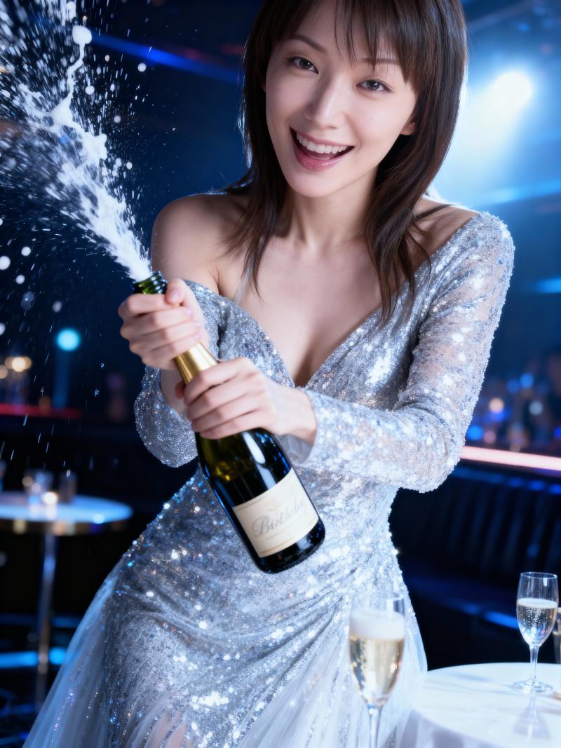 シルバーのスパンコールのドレスを着た女性がシャンパンのボトルを持ち、お祝いの雰囲気を...。