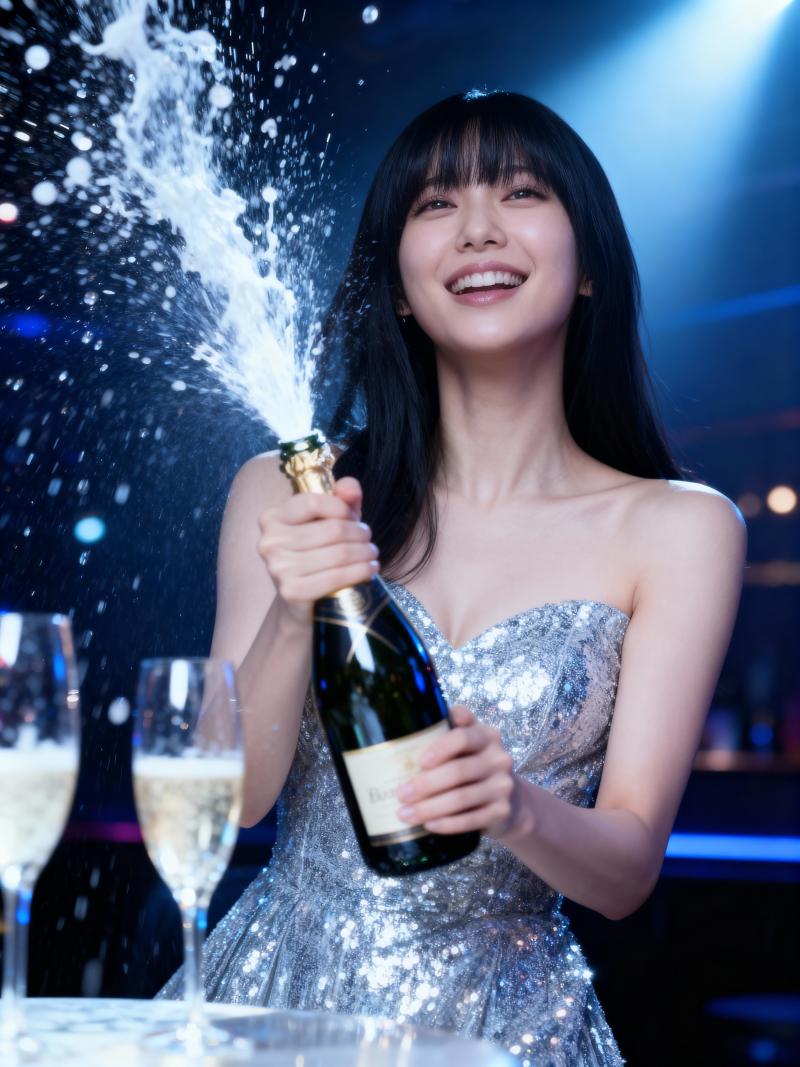 輝く銀色のドレスを着た若い女性がお祝いの雰囲気のシャンパンボトルを持っている様子を、...。