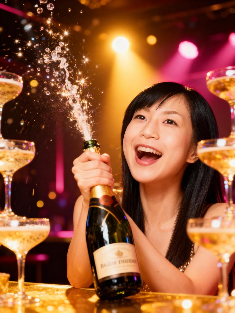 満面の笑みを浮かべながらシャンパンのボトルで祝う若い女性を正面カメラのアングルから写...。