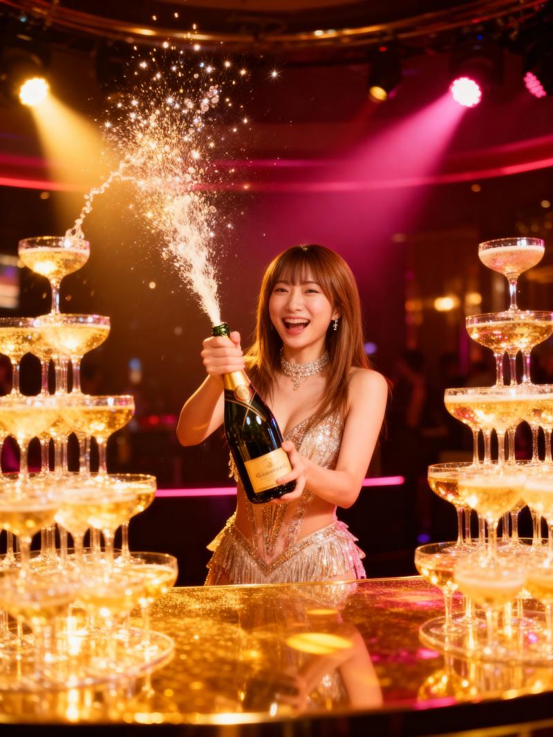 ナイトクラブでシャンパンを飲みながら祝う若い女性を正面カメラのアングルから写実的に撮...。