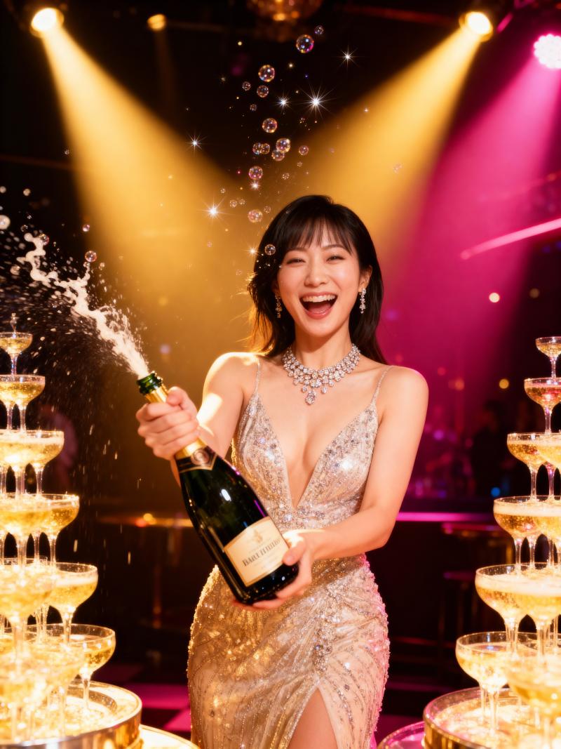 紙吹雪と輝くライトに囲まれた、輝くゴールドのドレスを着た女性がシャンパンのボトルを持...。