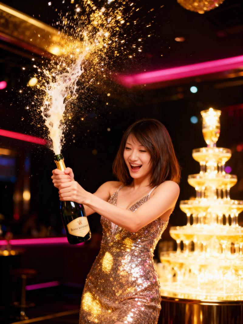 輝くゴールドのスパンコールのドレスを着た女性がシャンパンのボトルを持ち、お祝いの雰囲...。