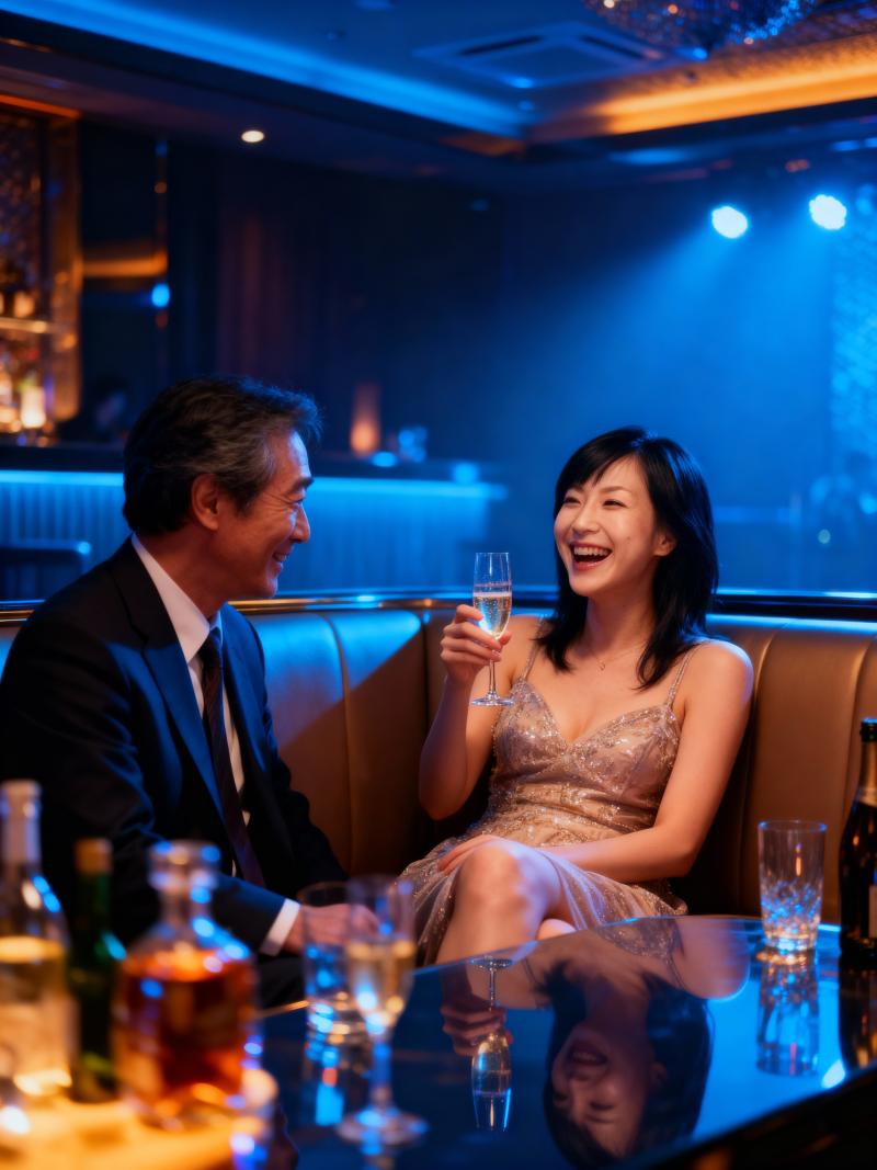 薄暗いバーでドリンクを楽しむ男女のロマンチックな瞬間を横から撮ったフォトリアルな撮影。