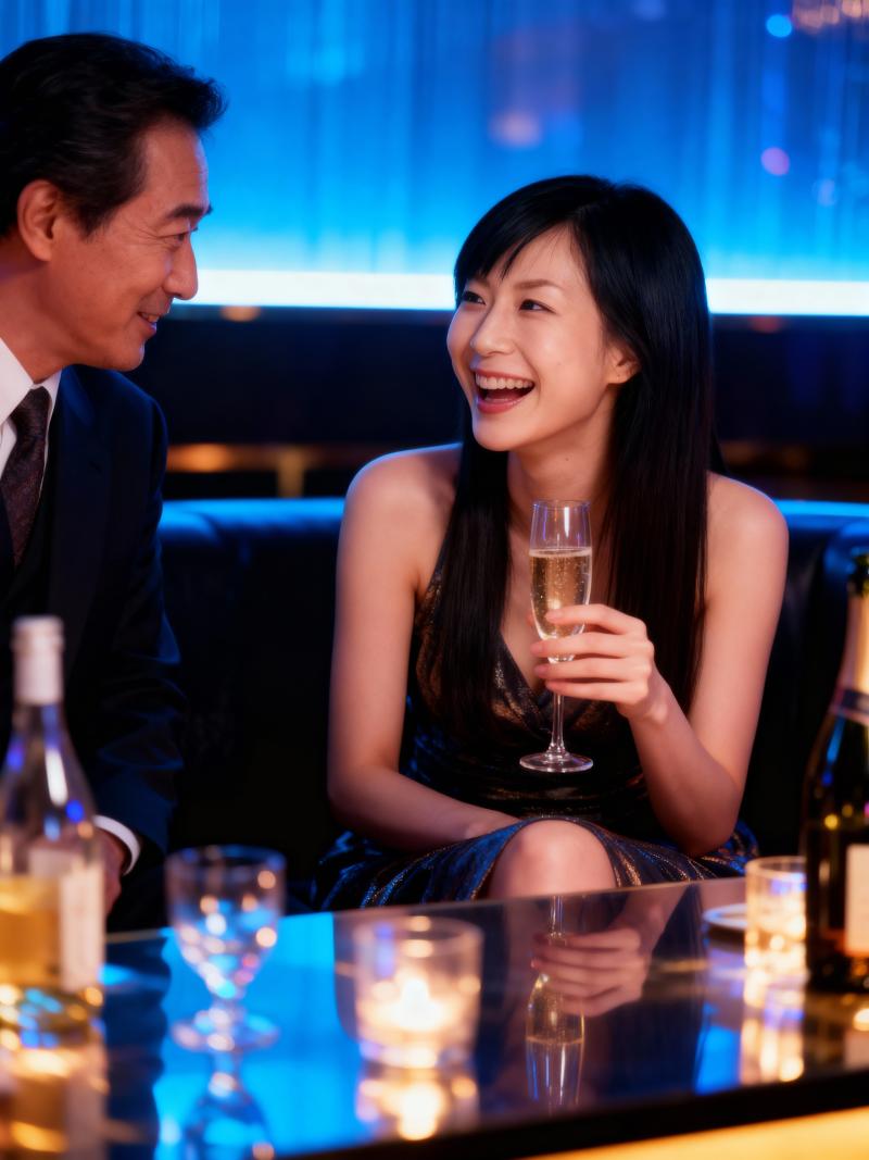 薄暗いバーのカウンターでシャンパンを楽しむカップルのロマンチックなシーン。