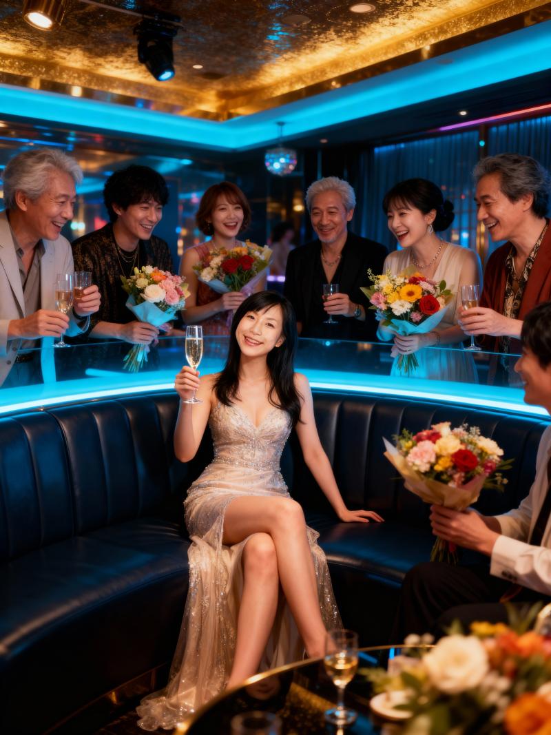 豪華なリムジンの中で花束を持ち、シャンパンを飲みながら特別な日を祝う人々のグループを...。