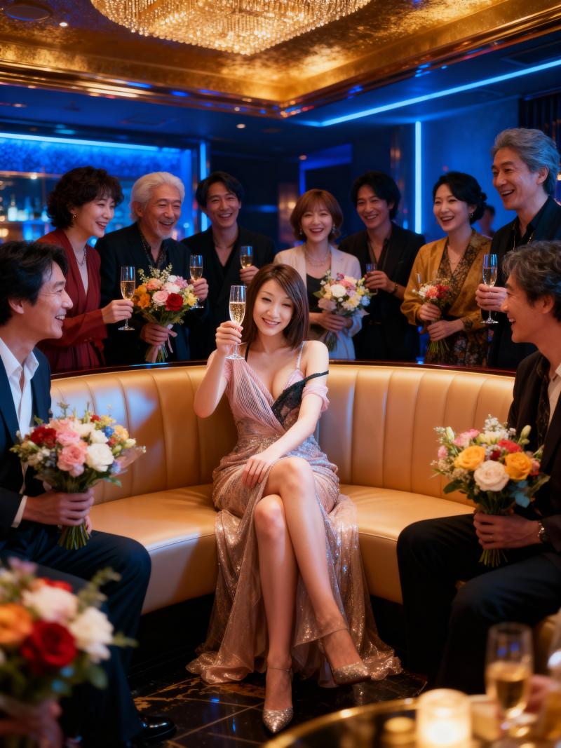 豪華な部屋で花束を持ち、シャンパンで乾杯する人々のグループを正面から写実的に撮影したもの。