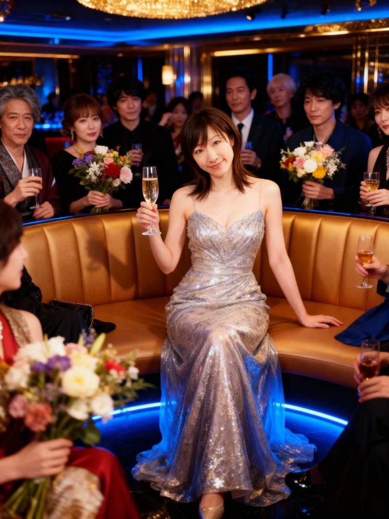 フォーマルなイベントで、きらめく銀のドレスを着てシャンパンのグラスを持った女性を正面...。