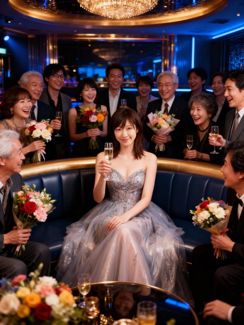 シャンパンと花束でフォーマルなイベントを祝う人々のグループを正面カメラのアングルから...。