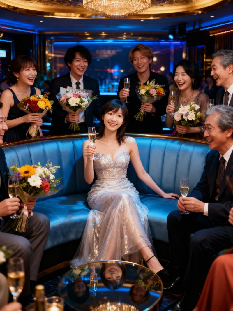 正装をした6人のゲストに囲まれ、青いベルベットのソファに座る花嫁が花束を持ち、シャン...。